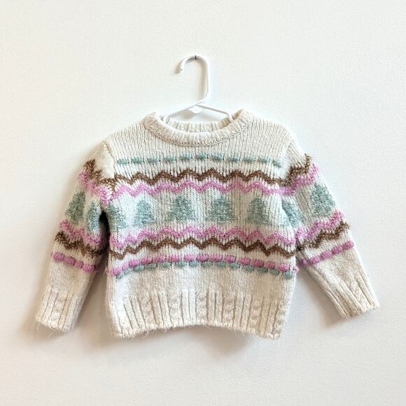 Zara Sweater Girls Sz 2-3T Cream Christmas Tree Pastel Wool Blend - Picture 1 of 5